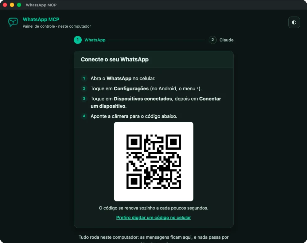 The app’s first screen: the steps to connect WhatsApp and the QR code to scan with your phone