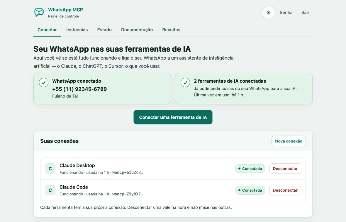 O painel do servidor, com o WhatsApp e duas ferramentas de IA conectadas